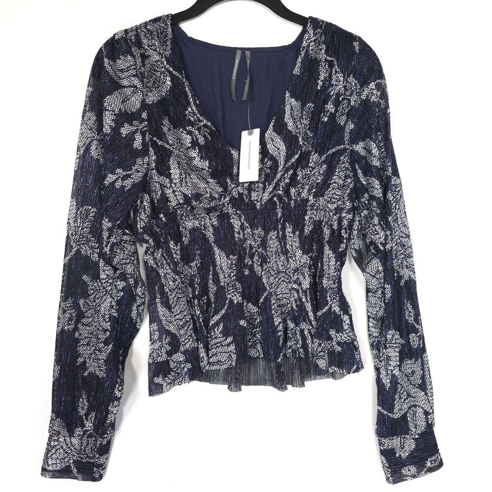 ANTHROPOLOGIE New Women's Top Shirt XS Metallic Smocked Floral Midnight Navy‎